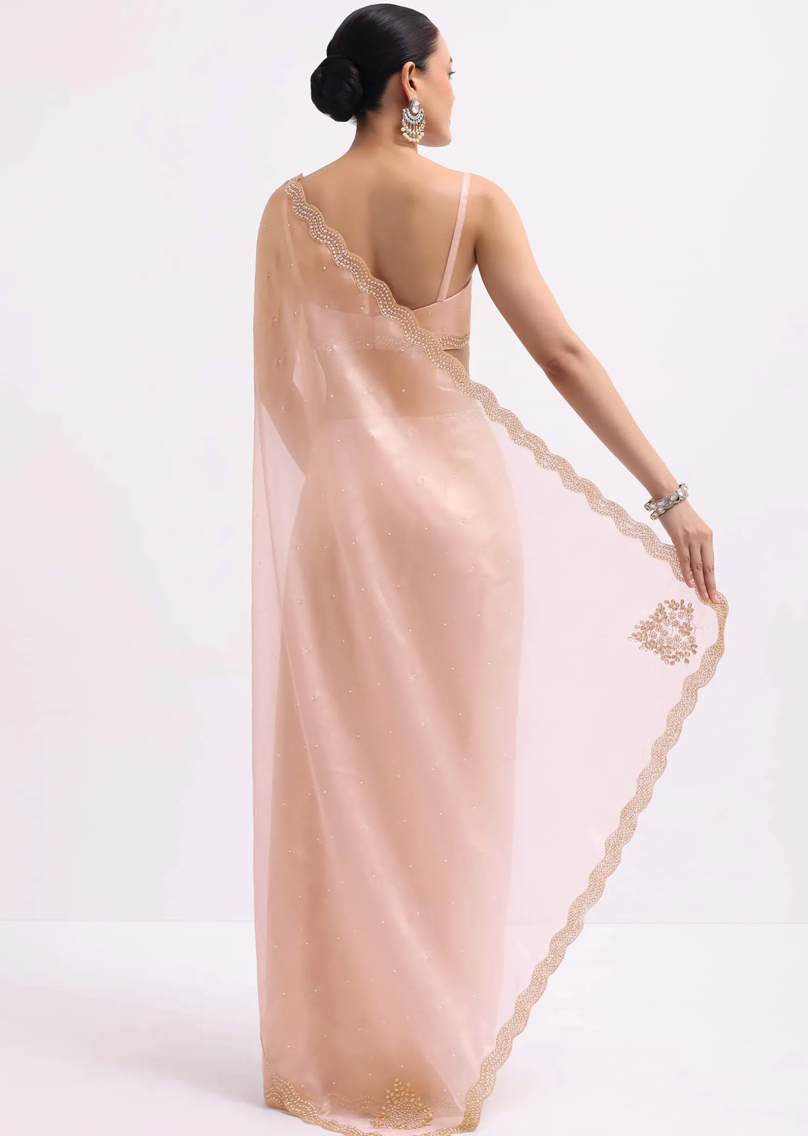 Peach Cutdana Embroidered Tissue Saree With Unstitched Blouse