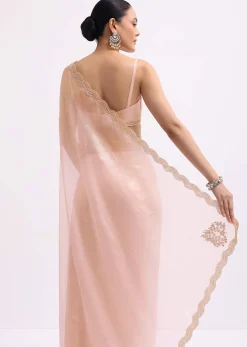 Peach Cutdana Embroidered Tissue Saree With Unstitched Blouse