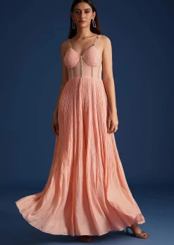 Peach Cutdana Work Pleated Jumpsuit