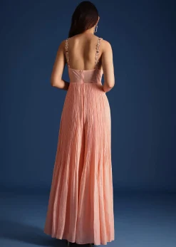 Peach Cutdana Work Pleated Jumpsuit