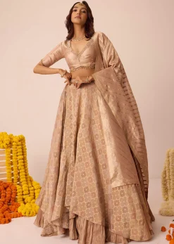 Peach Embroidered Blouse With Ruching Lehenga And Tassel Dupatta