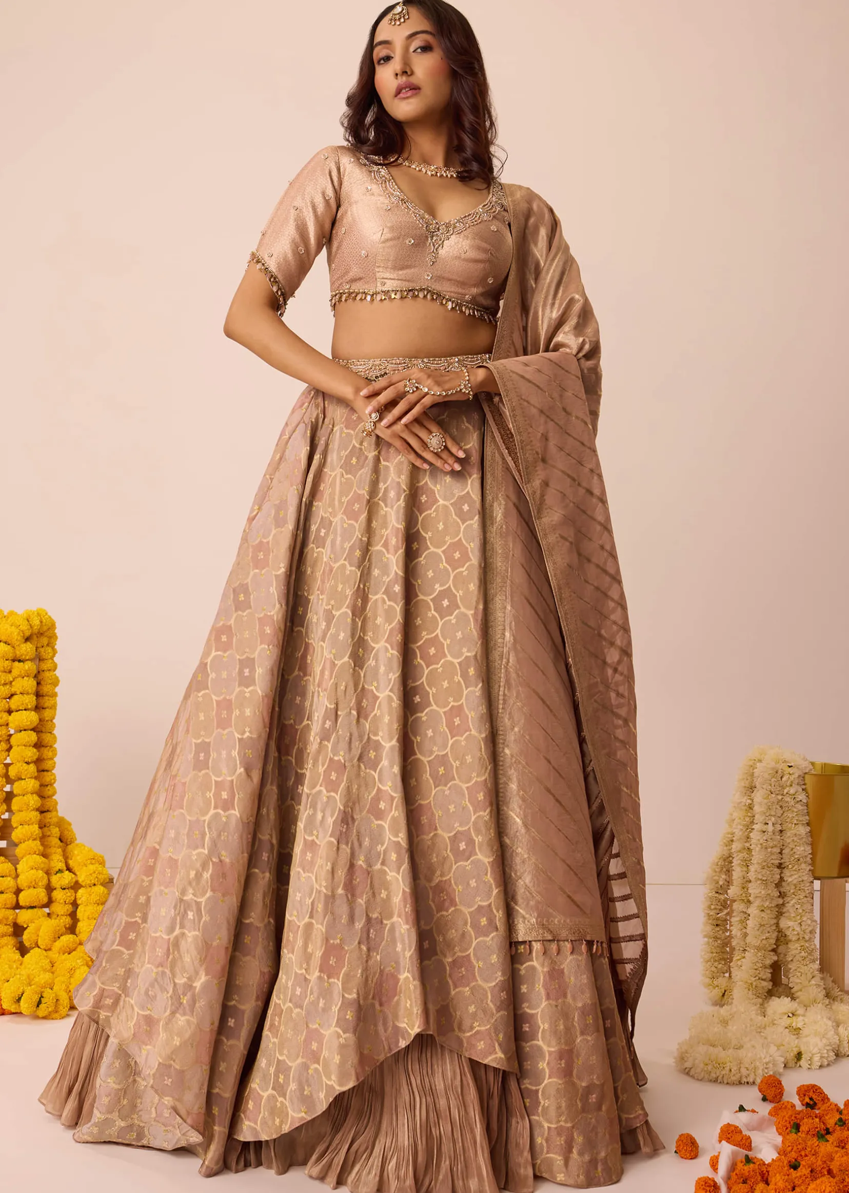 Peach Embroidered Blouse With Ruching Lehenga And Tassel Dupatta