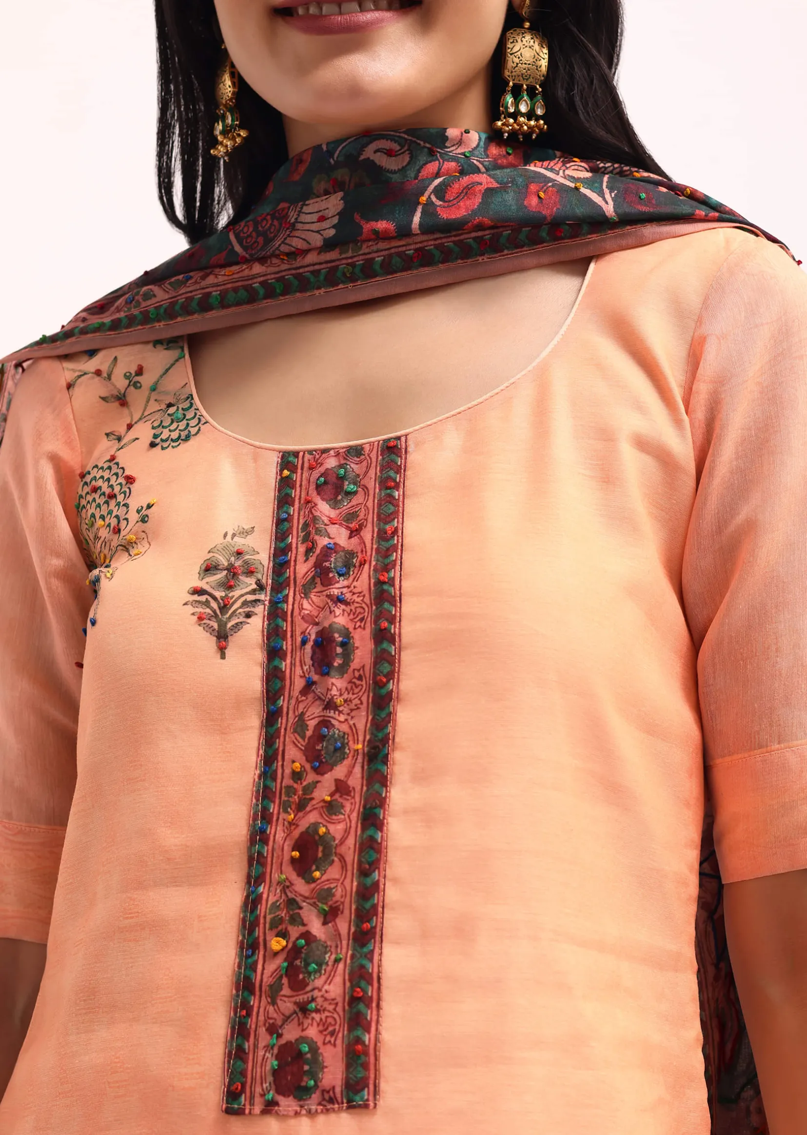 Peach Embroidered Kurta Palazzo Set With Kalamkari Dupatta