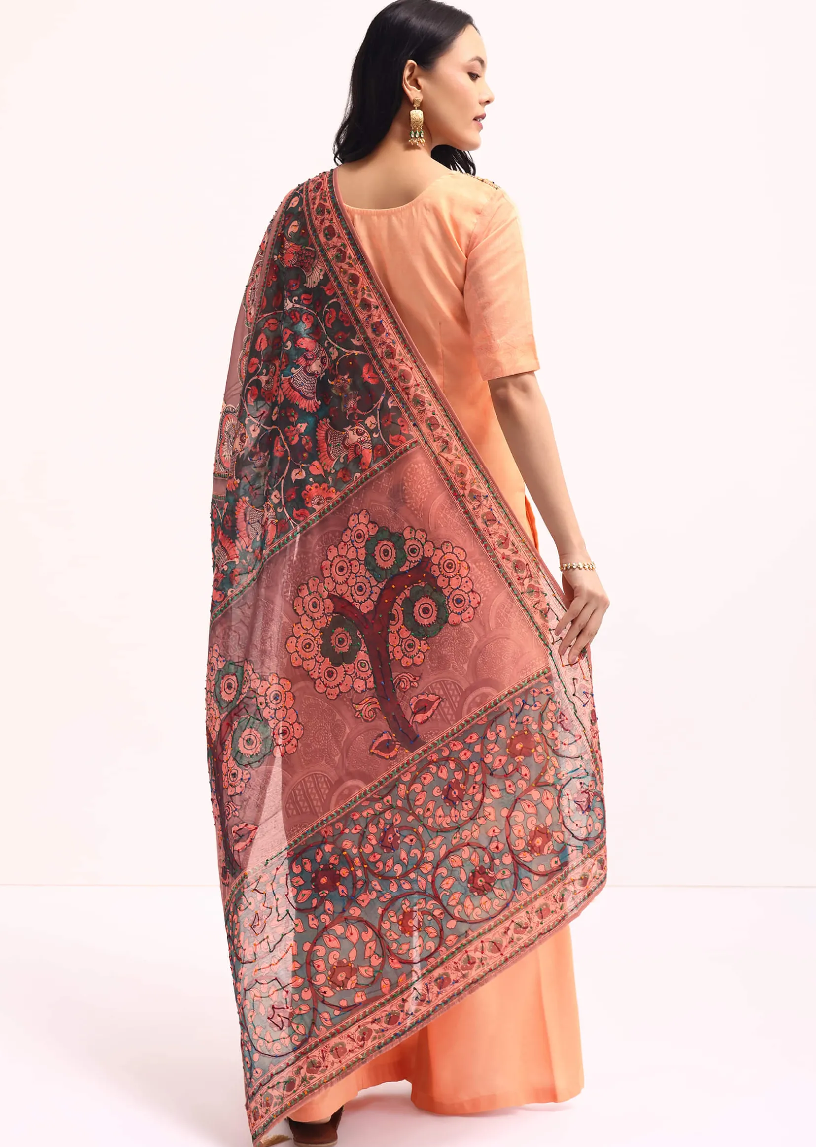 Peach Embroidered Kurta Palazzo Set With Kalamkari Dupatta