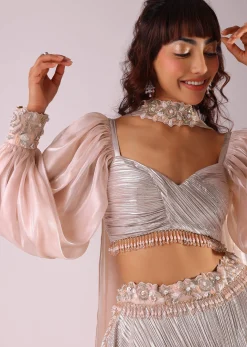 Peach Embroidered Lehenga Set In Knit With Organza Choker Dupatta