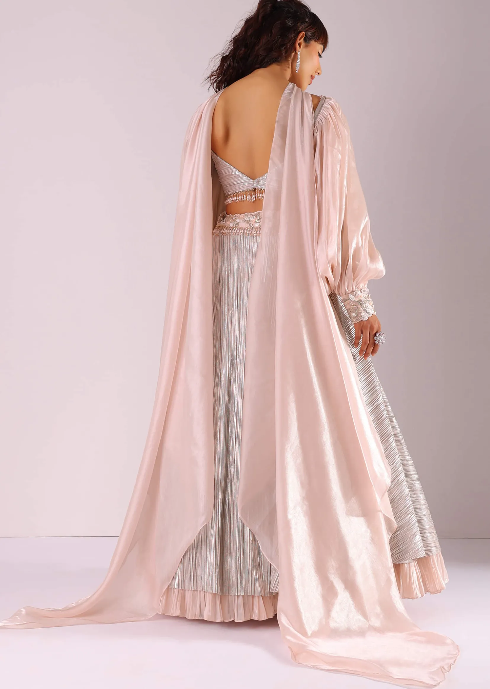 Peach Embroidered Lehenga Set In Knit With Organza Choker Dupatta