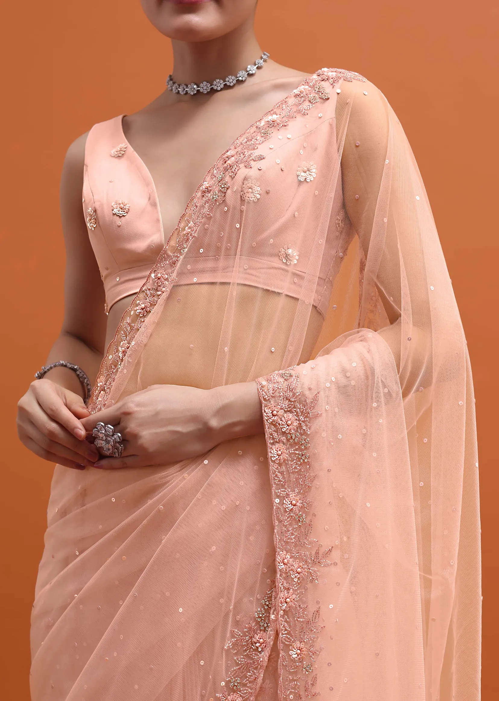 Peach Embroidered Net Saree With Unstitched Blouse