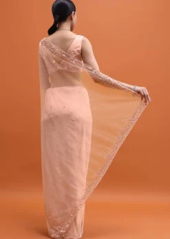Peach Embroidered Net Saree With Unstitched Blouse