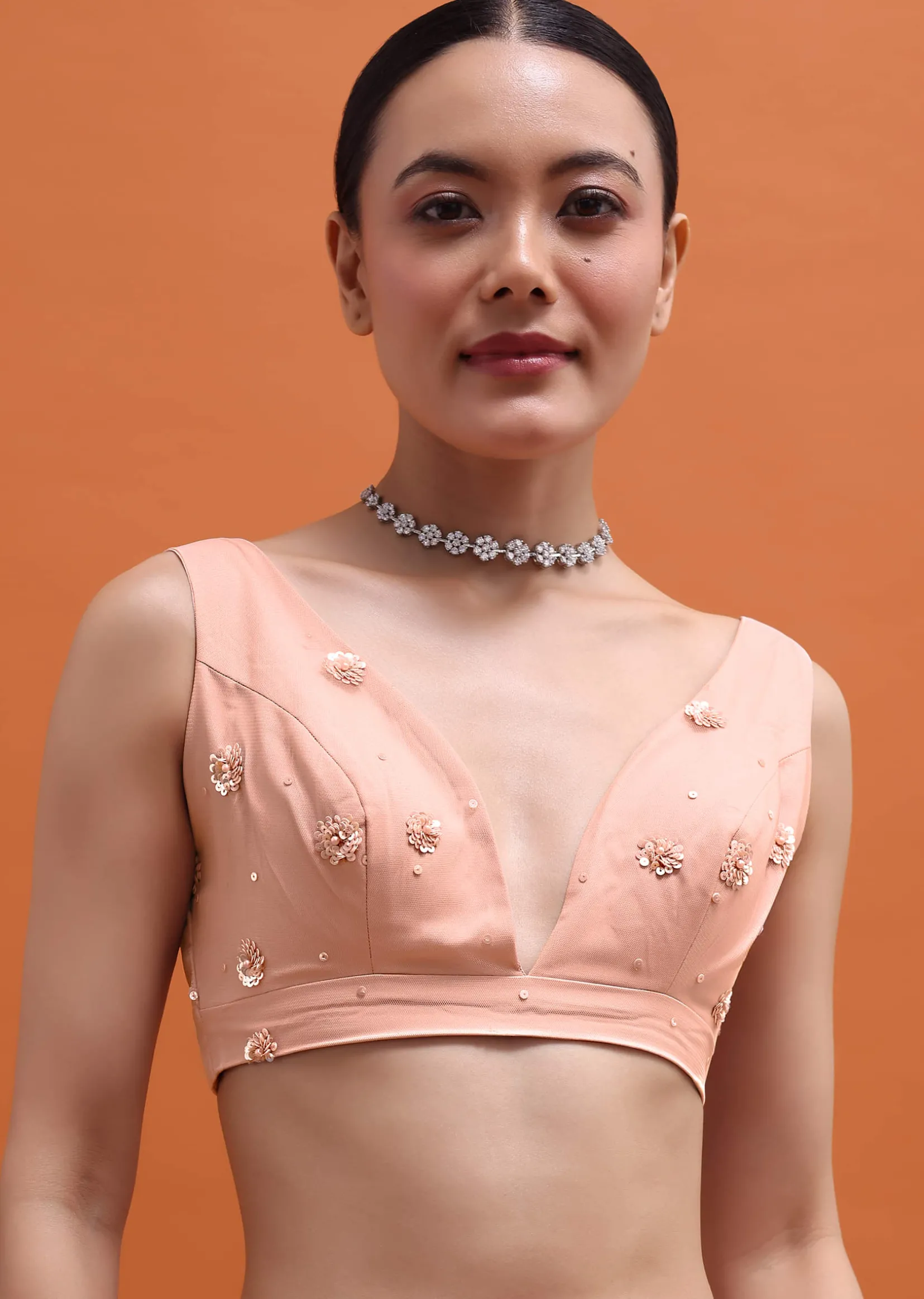 Peach Embroidered Net Saree With Unstitched Blouse