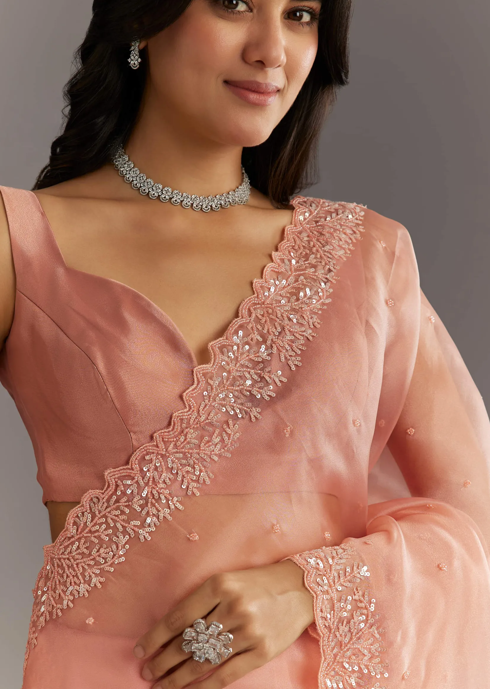 Peach Embroidered Organza Saree With Cutwork Scallop Border