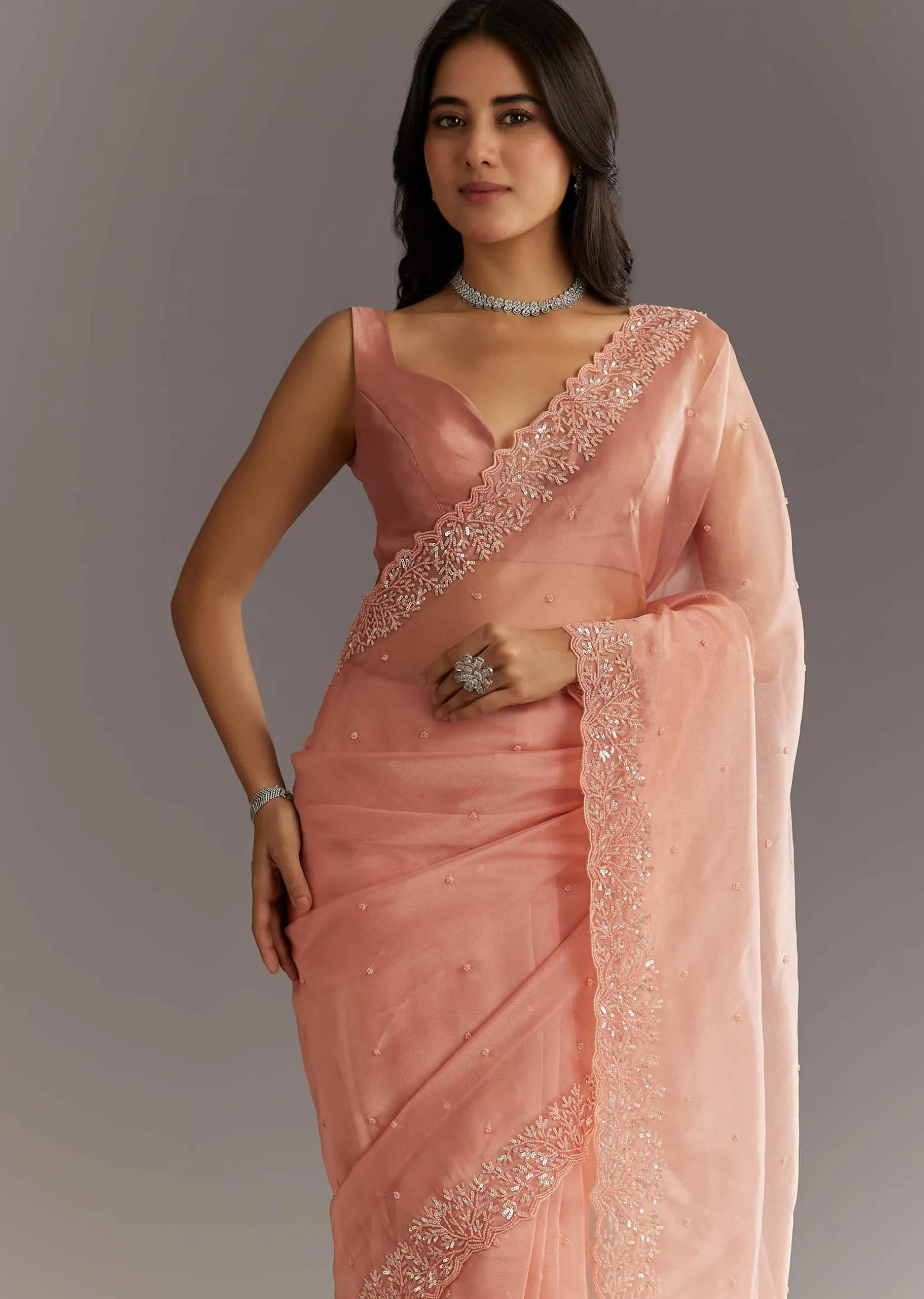 Peach Embroidered Organza Saree With Cutwork Scallop Border