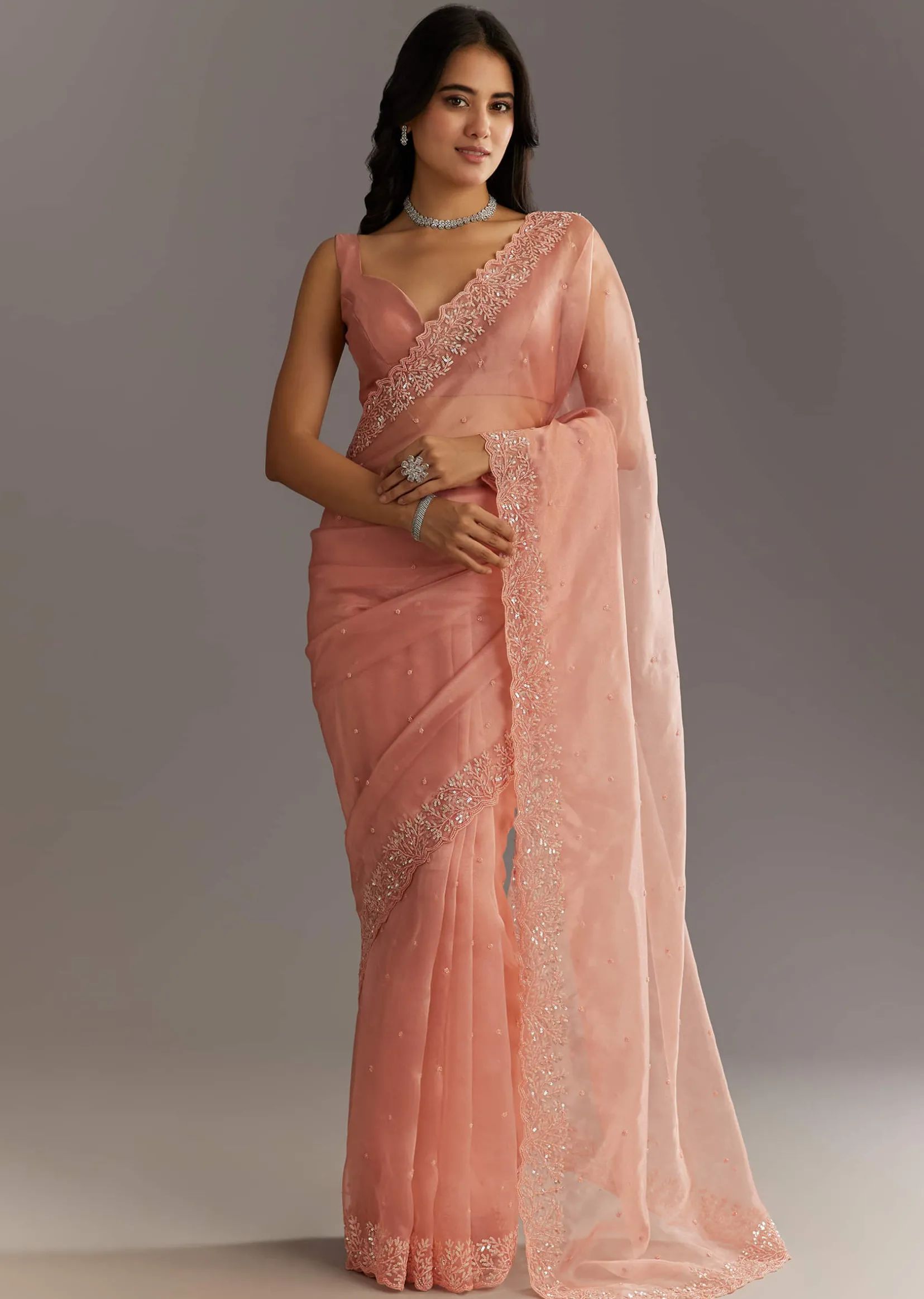 Peach Embroidered Organza Saree With Cutwork Scallop Border
