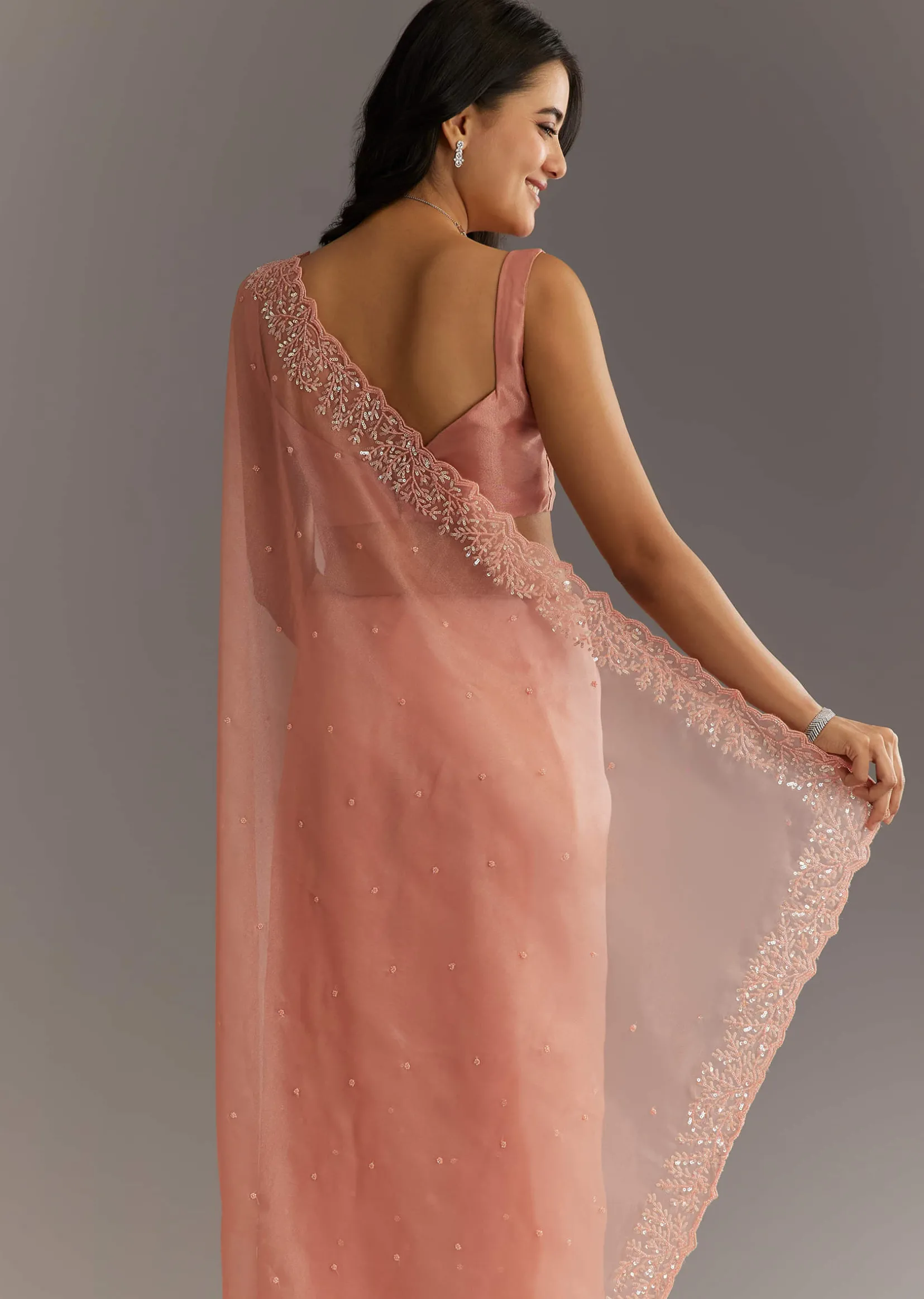 Peach Embroidered Organza Saree With Cutwork Scallop Border