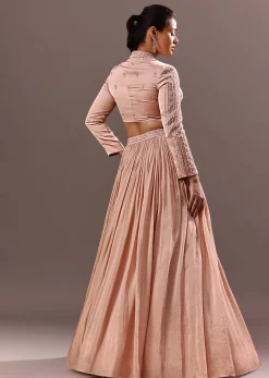 Peach Embroidered Ruched Lehenga With Collar Neck Blouse And Dupatta