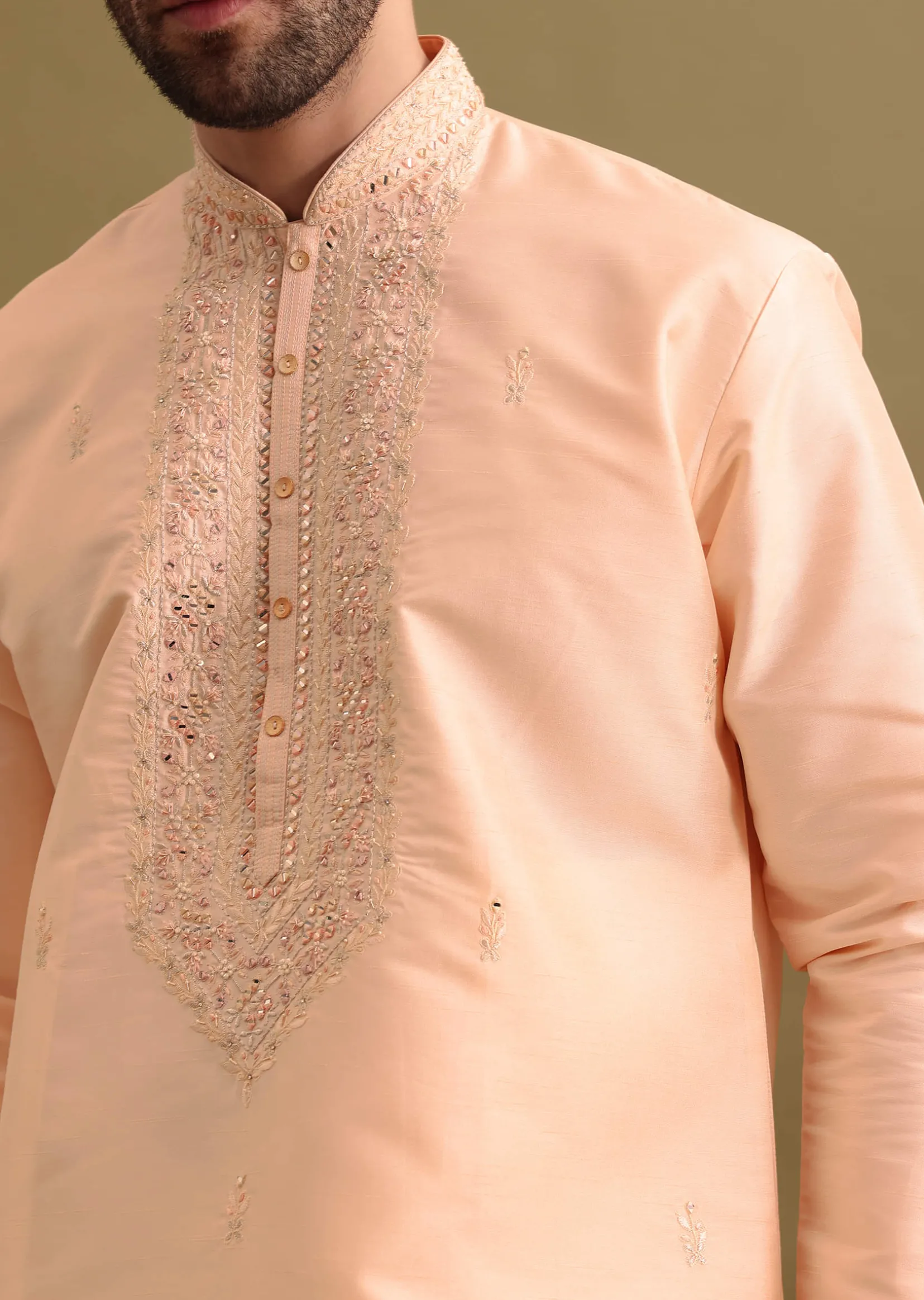 Peach Embroidered Silk Kurta Set For Men