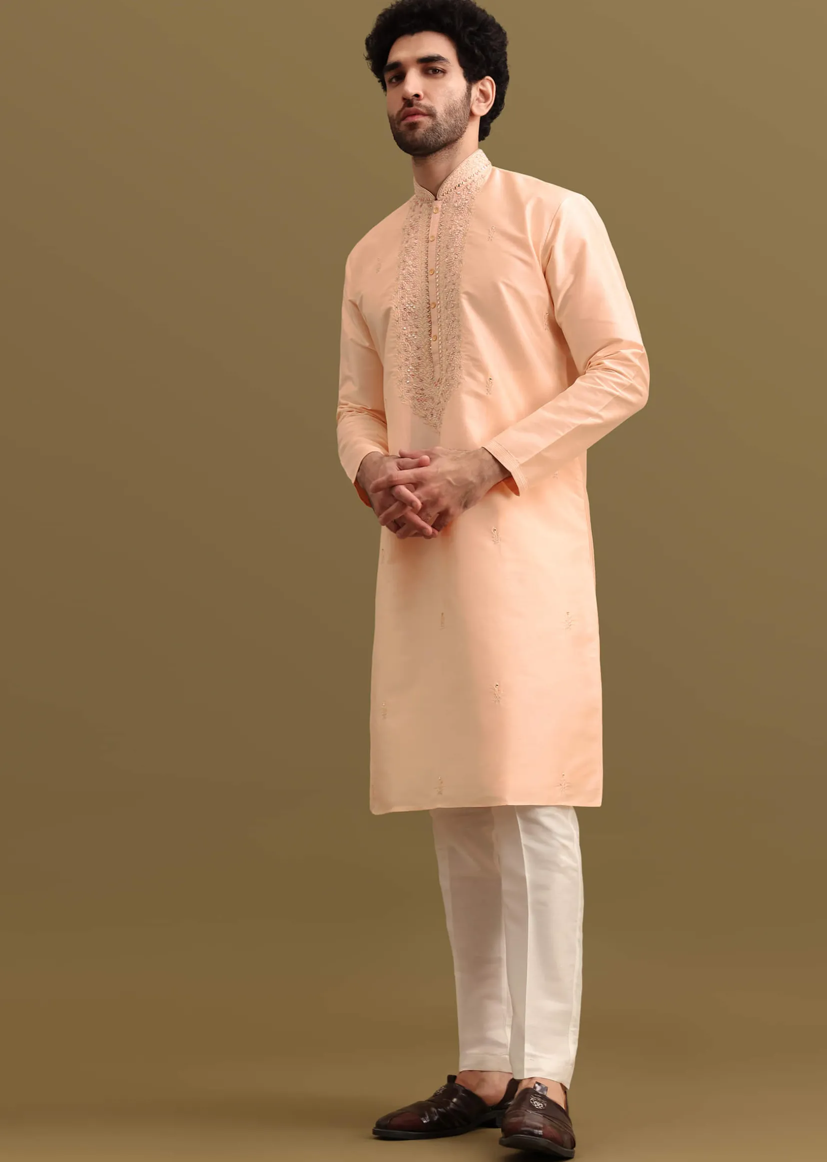 Peach Embroidered Silk Kurta Set For Men