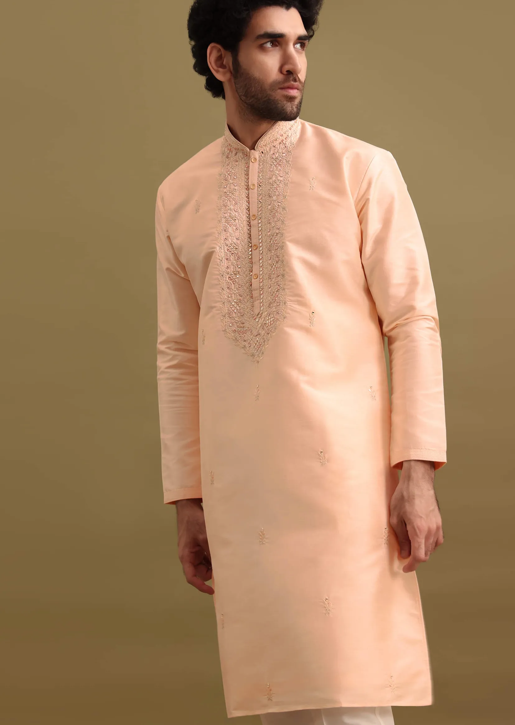 Peach Embroidered Silk Kurta Set For Men
