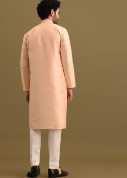Peach Embroidered Silk Kurta Set For Men