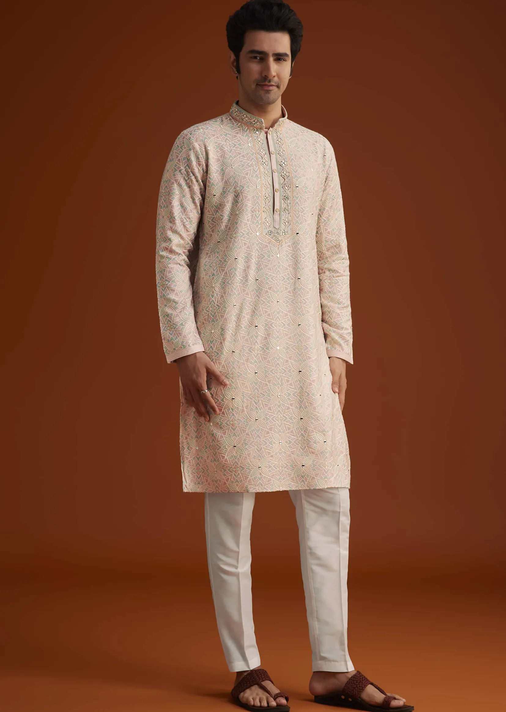 Peach Embroidered Silk Kurta Set With Resham Work