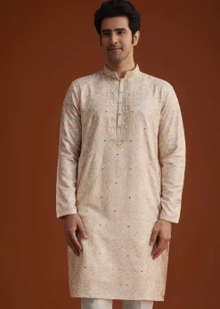 Peach Embroidered Silk Kurta Set With Resham Work