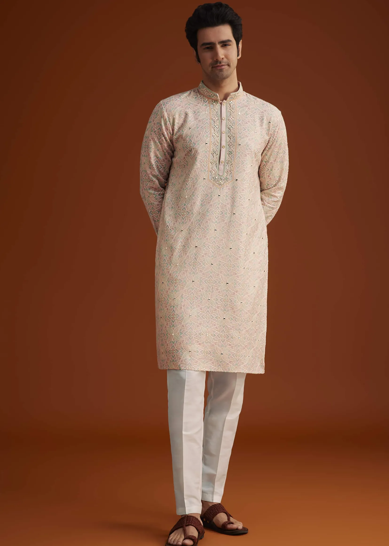 Peach Embroidered Silk Kurta Set With Resham Work
