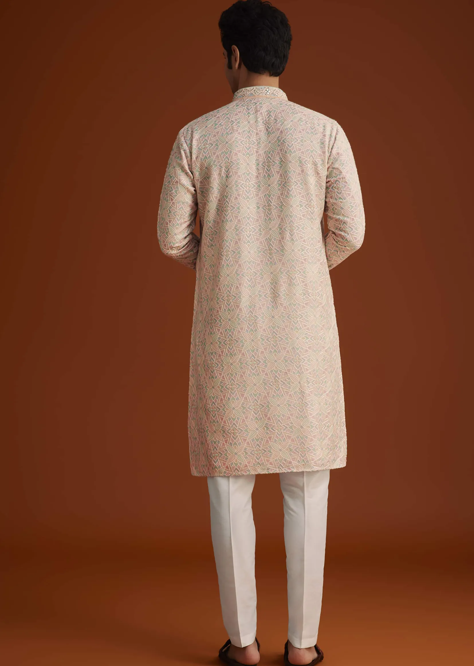 Peach Embroidered Silk Kurta Set With Resham Work