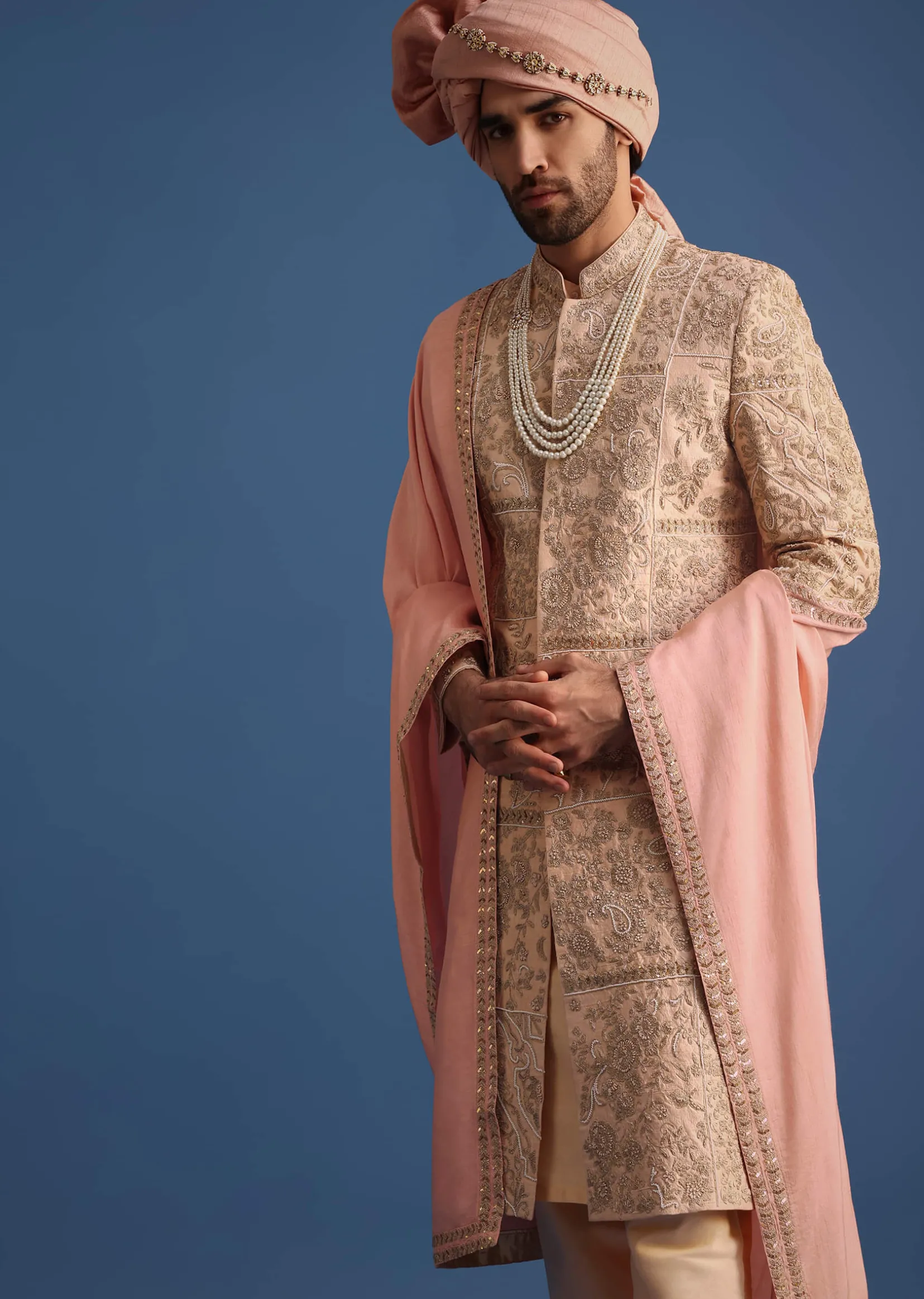 Peach Embroidered Silk Sherwani Suit