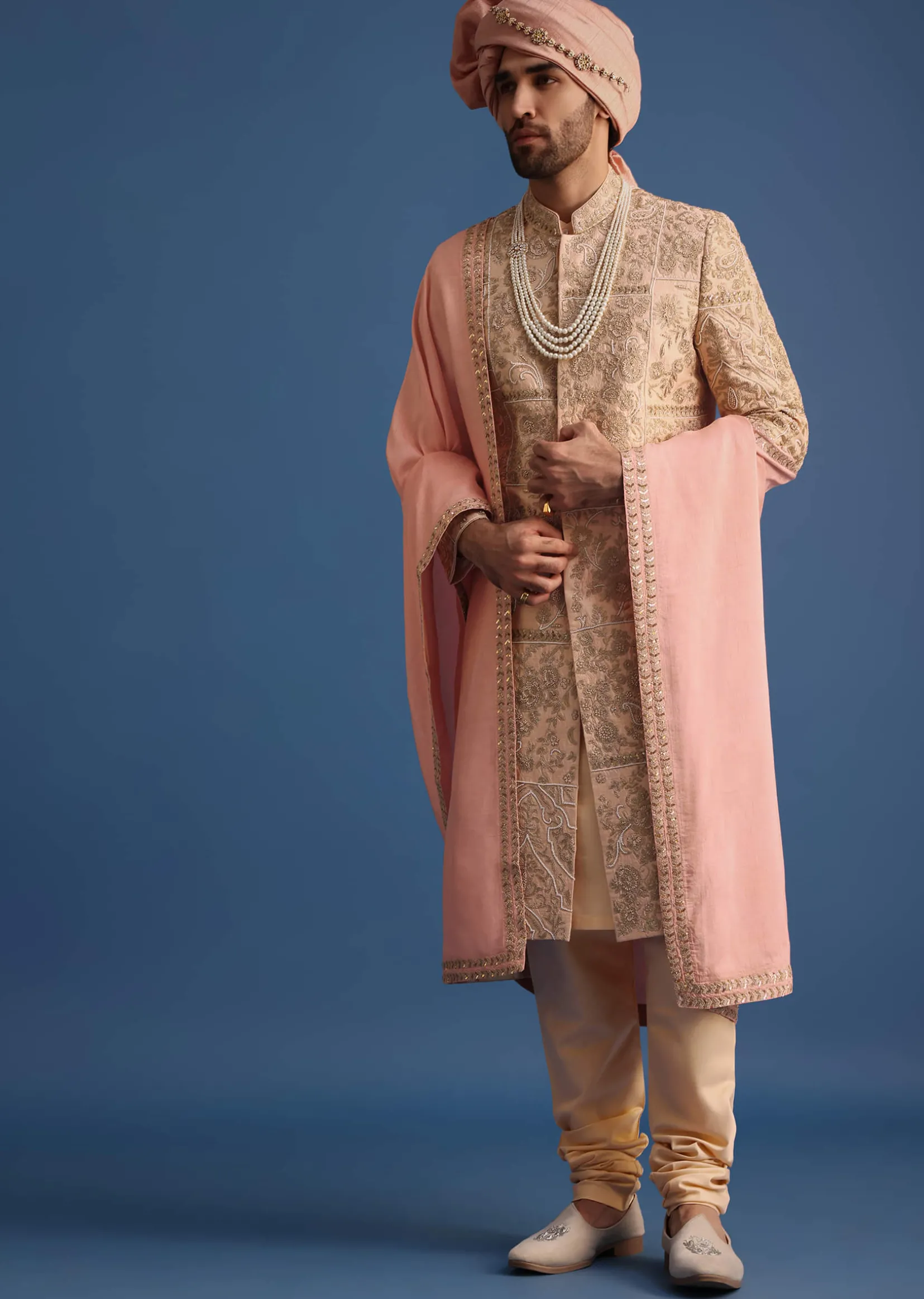 Peach Embroidered Silk Sherwani Suit