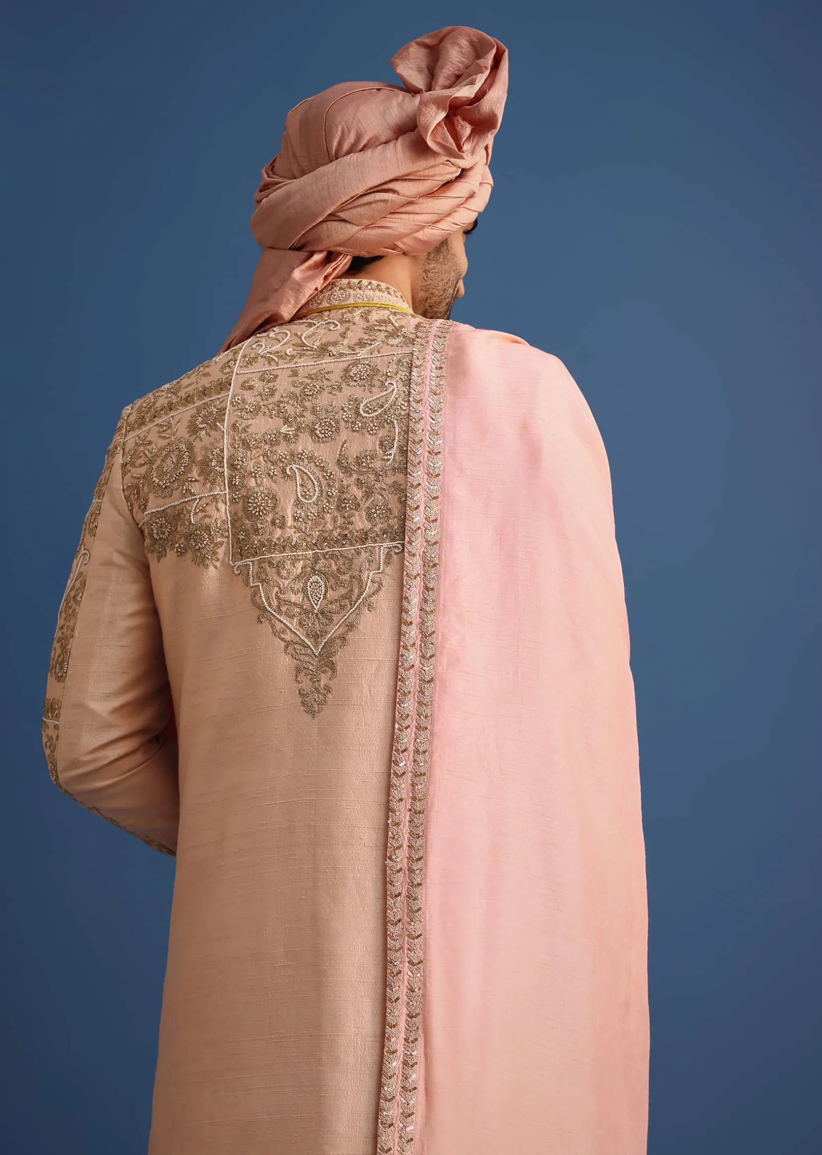 Peach Embroidered Silk Sherwani Suit