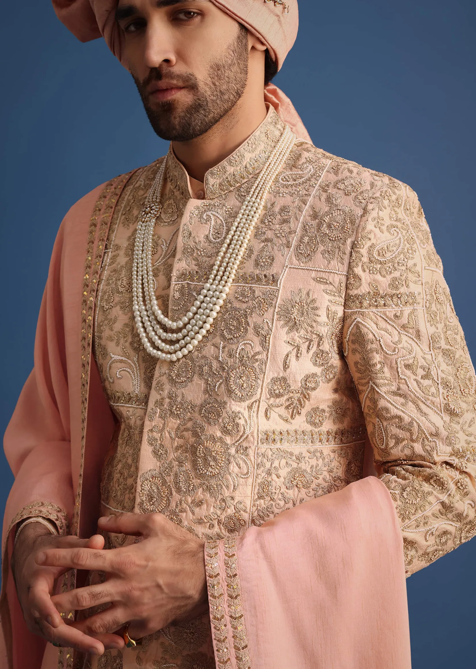 Peach Embroidered Silk Sherwani Suit