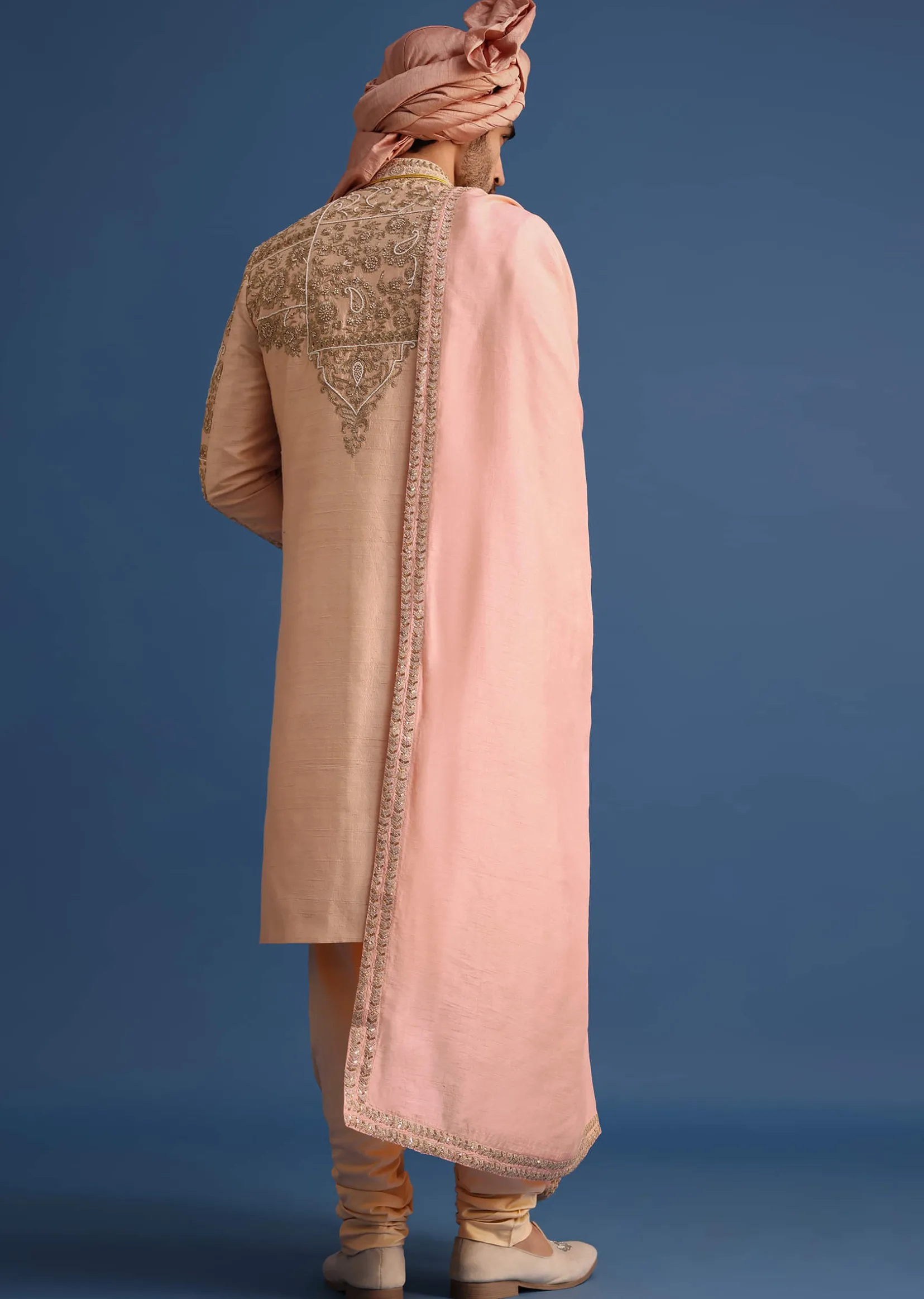 Peach Embroidered Silk Sherwani Suit