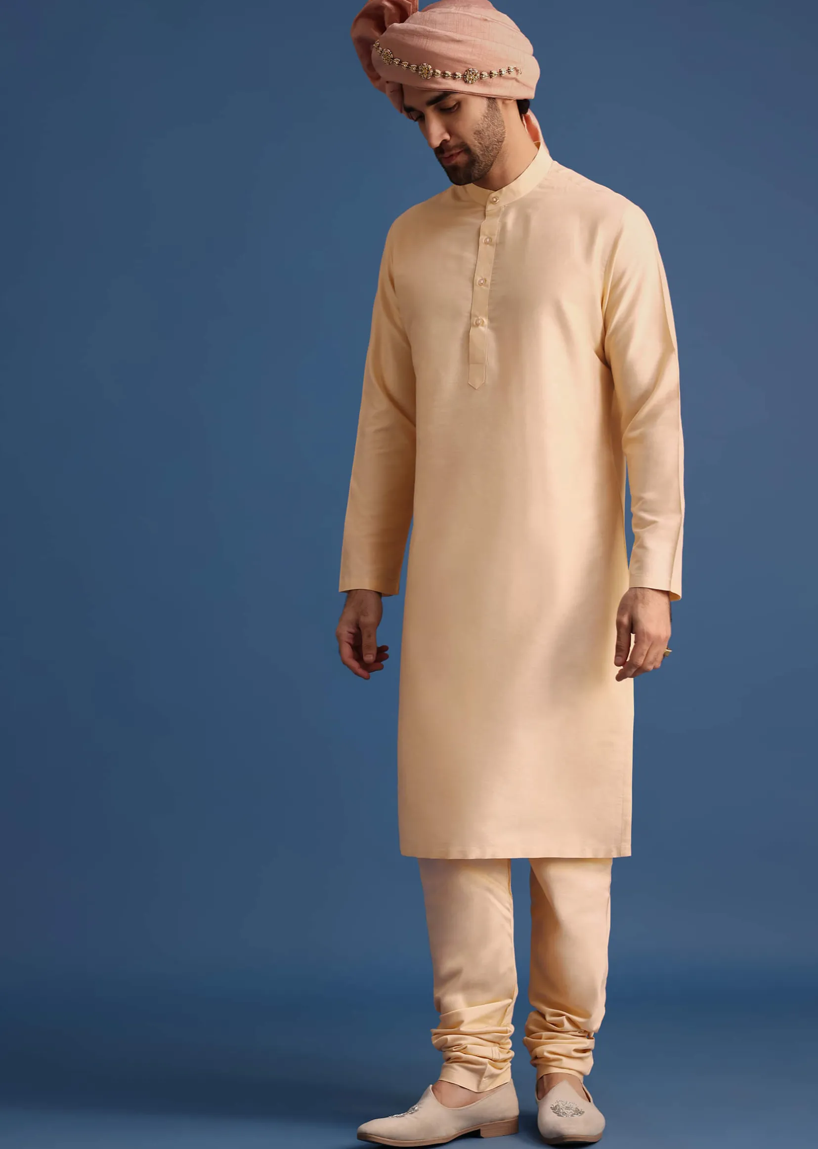 Peach Embroidered Silk Sherwani Suit
