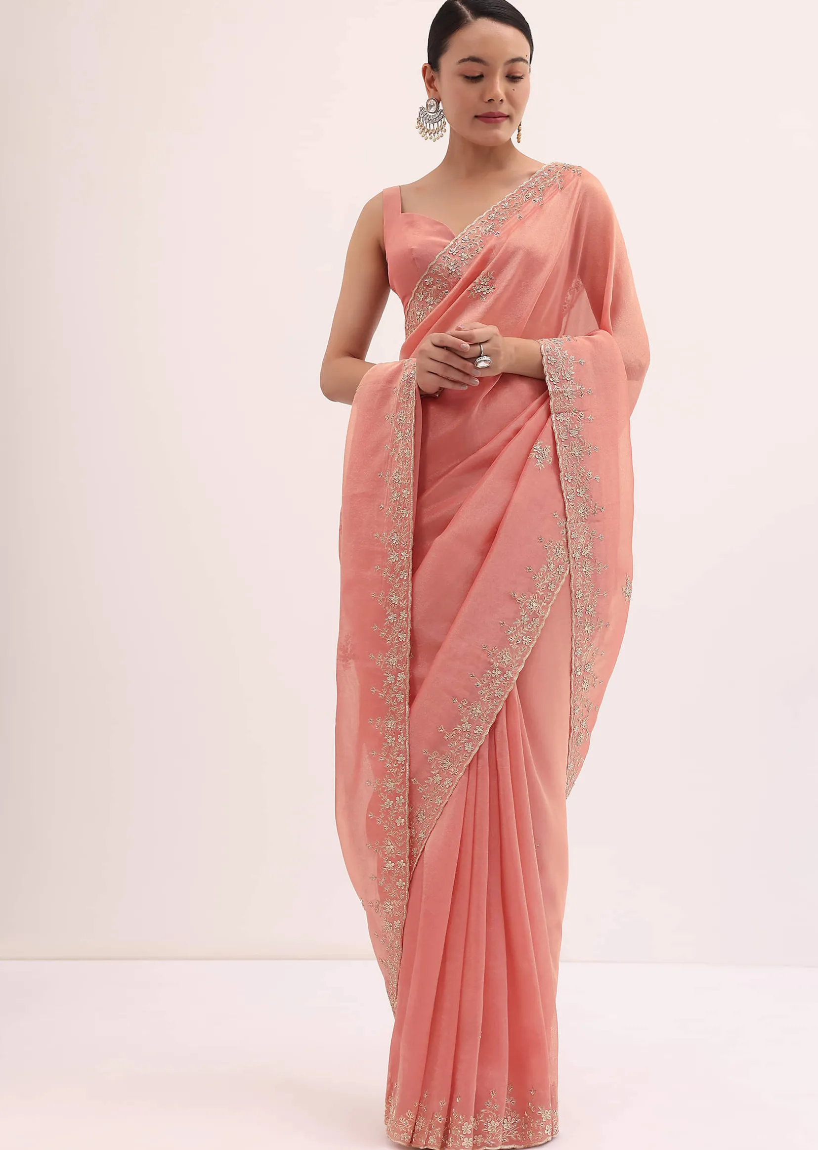 Peach Embroidered Tissue Saree With Unstitched Blouse