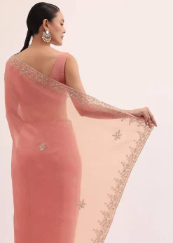 Peach Embroidered Tissue Saree With Unstitched Blouse