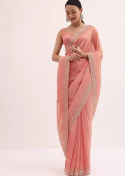 Peach Embroidered Tissue Saree With Unstitched Blouse