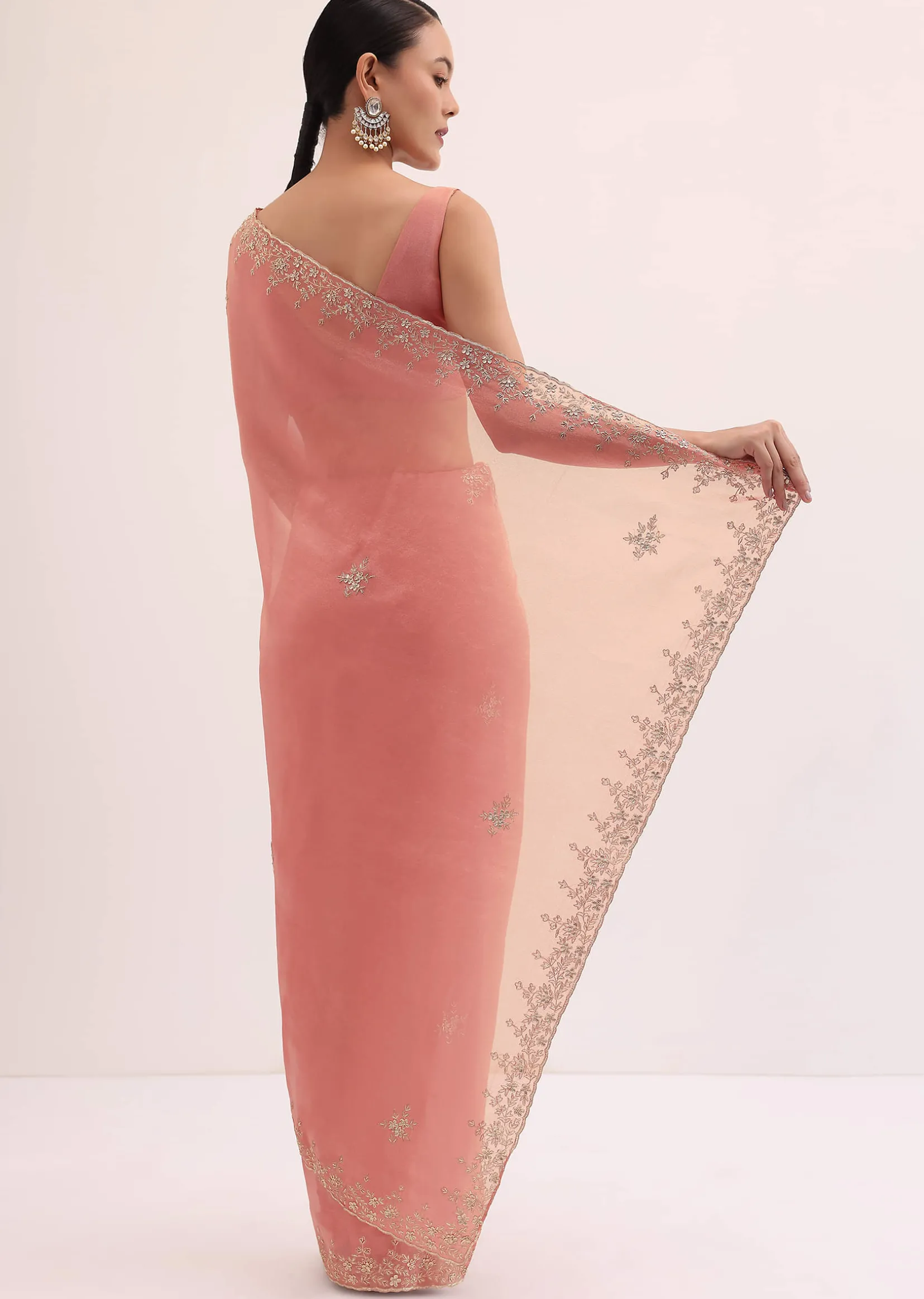 Peach Embroidered Tissue Saree With Unstitched Blouse