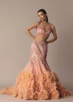 Peach Fish Cut Frill Lehenga Set With Trail Dupatta And Tassels