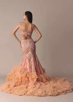 Peach Fish Cut Frill Lehenga Set With Trail Dupatta And Tassels