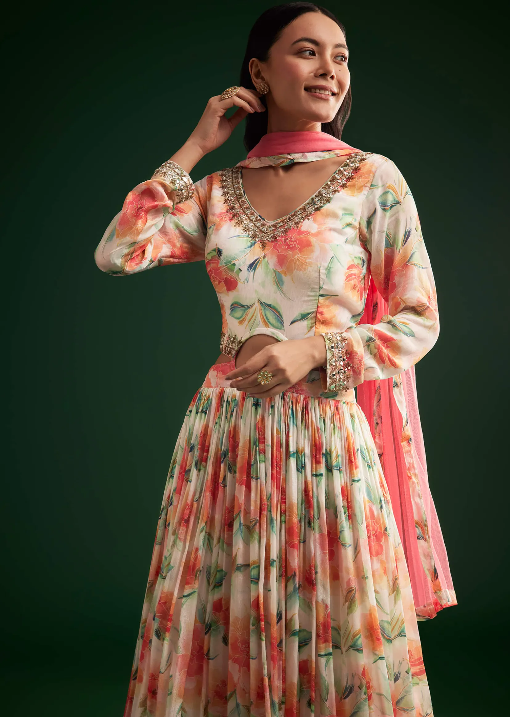 Peach Floral Printed Gown With Embellished Net Dupatta