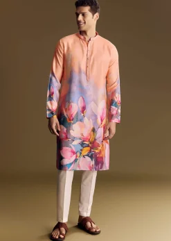 Peach Floral Printed Linen Kurta Set With Contemporary Styling