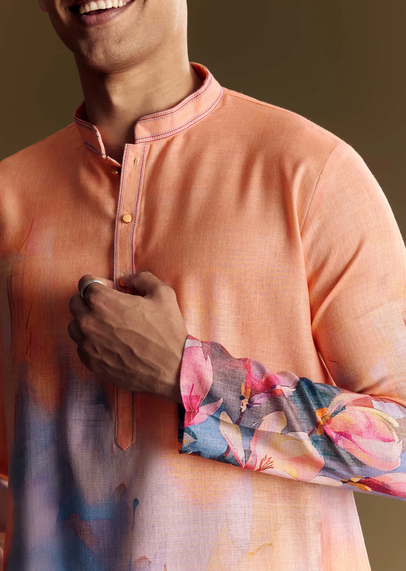Peach Floral Printed Linen Kurta Set With Contemporary Styling