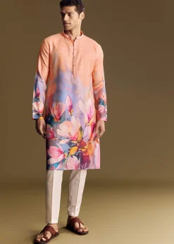 Peach Floral Printed Linen Kurta Set With Contemporary Styling