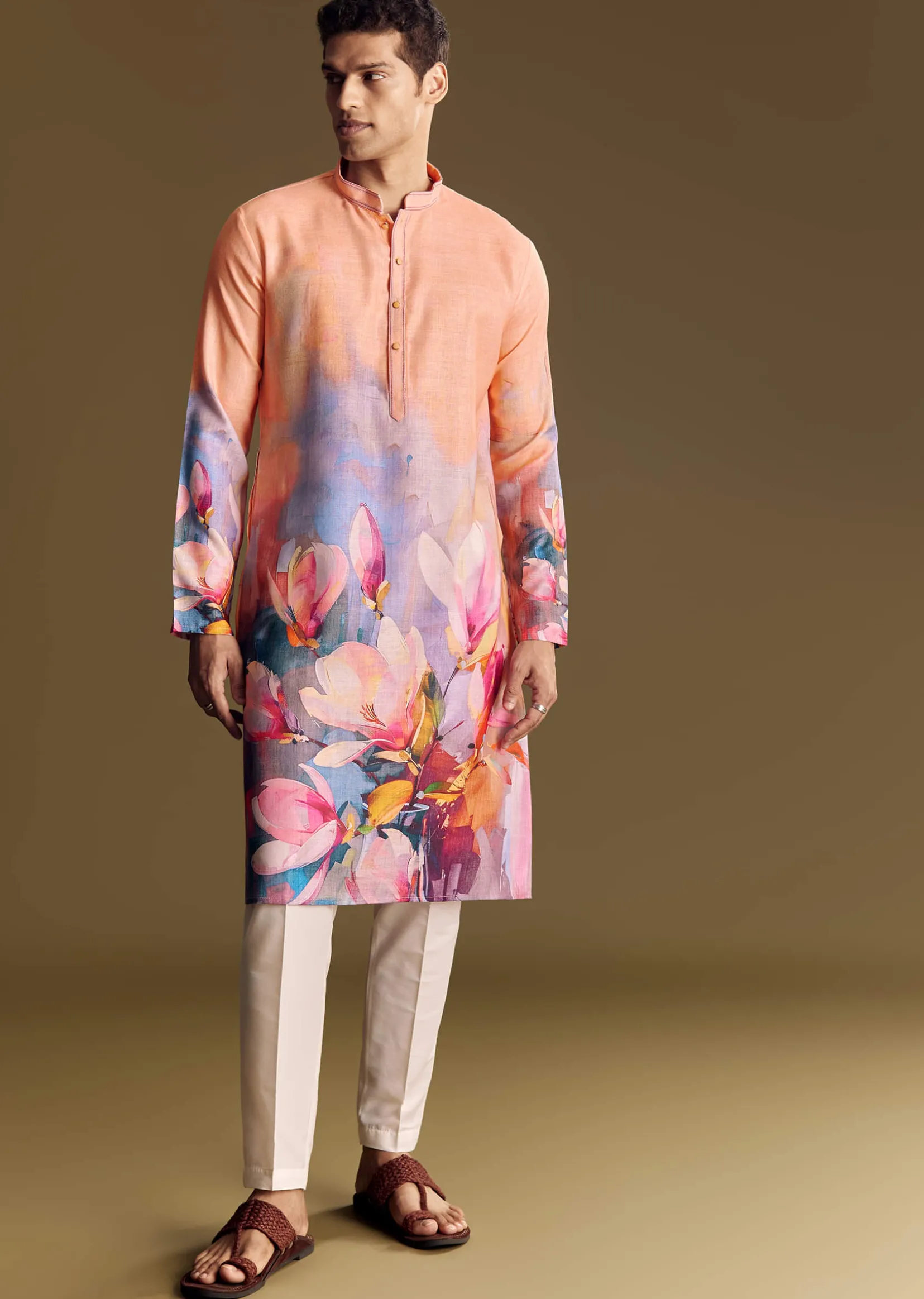 Peach Floral Printed Linen Kurta Set With Contemporary Styling