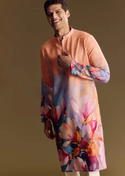Peach Floral Printed Linen Kurta Set With Contemporary Styling
