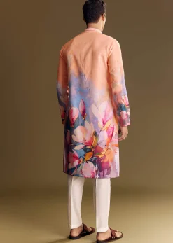 Peach Floral Printed Linen Kurta Set With Contemporary Styling