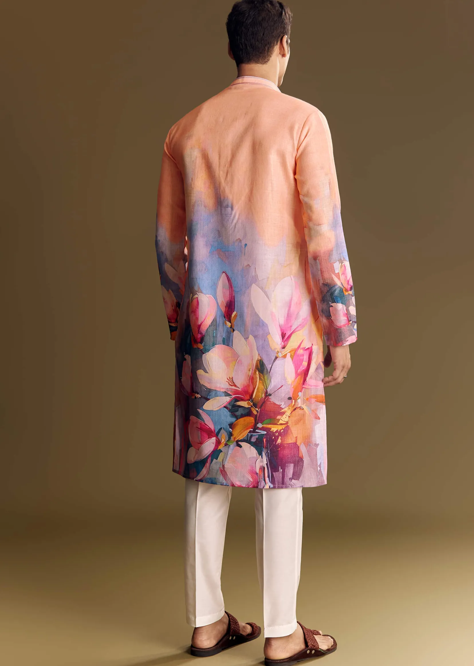 Peach Floral Printed Linen Kurta Set With Contemporary Styling