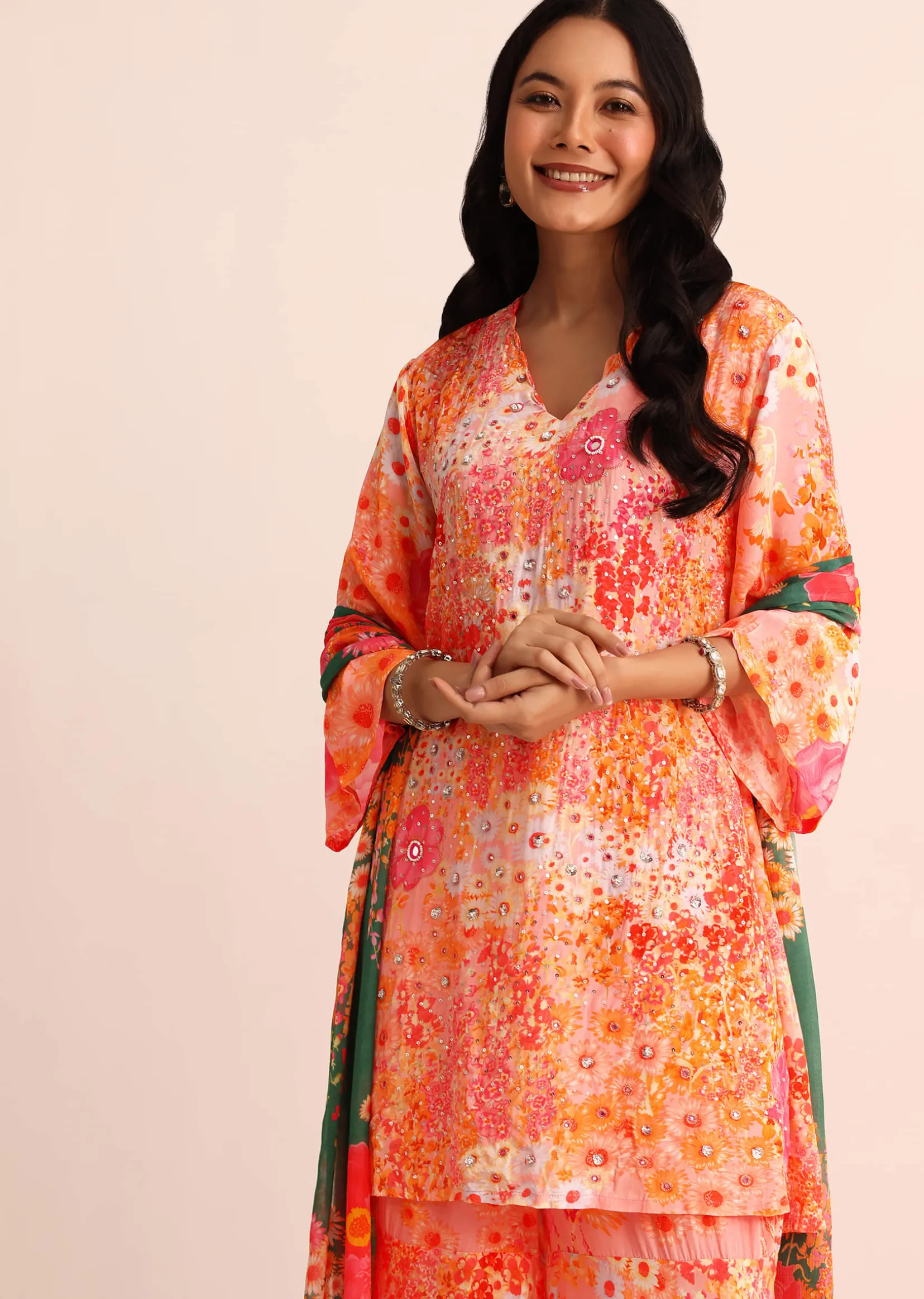 Peach Floral Printed Satin Kurta Sharara With Dupatta