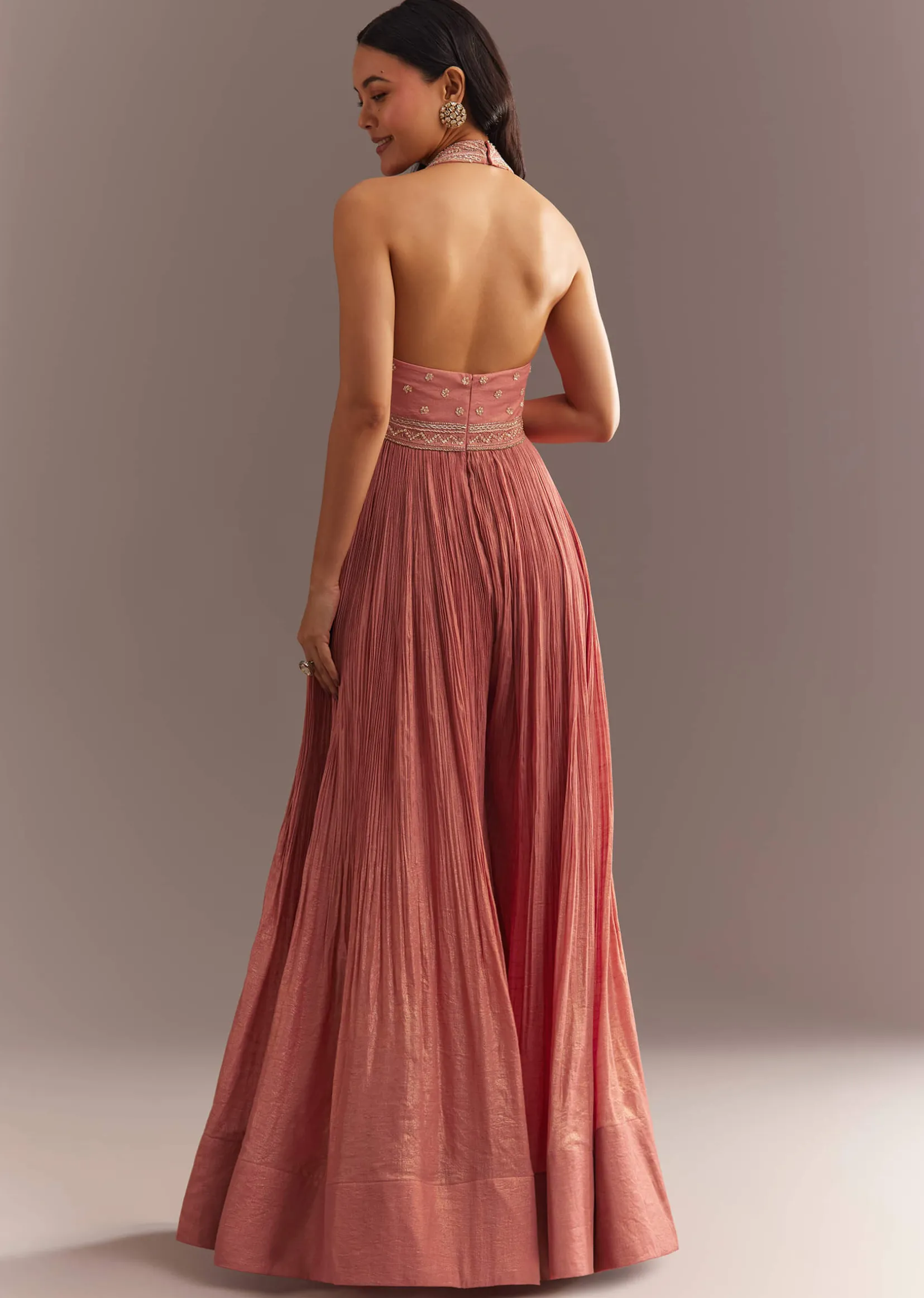 Peach French Tissue Jumpsui With Cutdana Work