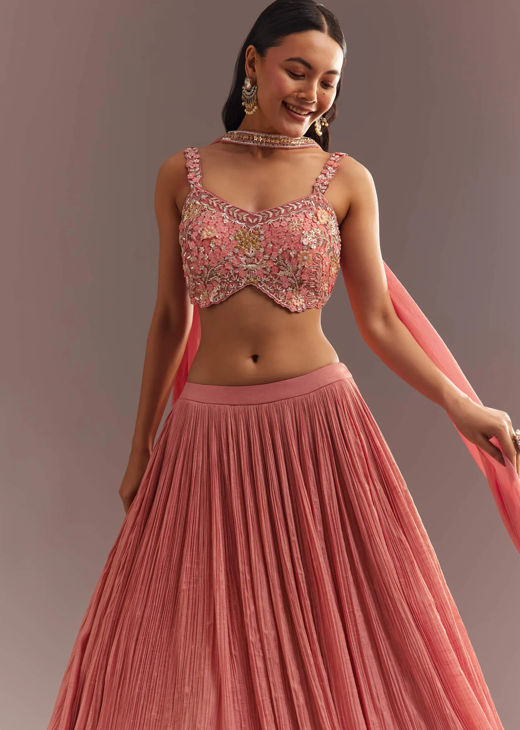 Peach French Tissue Lehenga Choli With Choker Dupatta