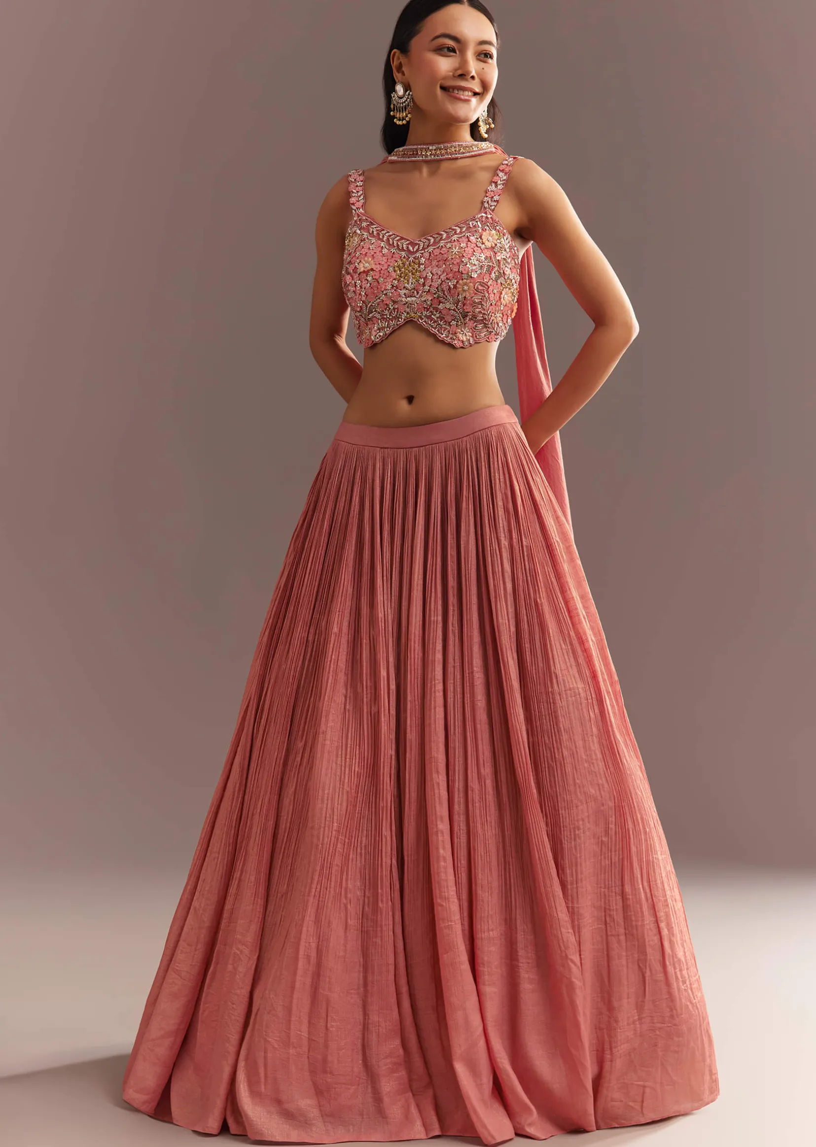 Peach French Tissue Lehenga Choli With Choker Dupatta